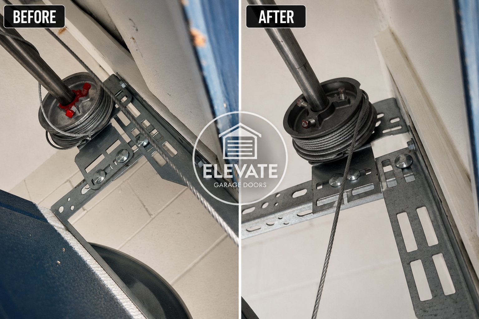 Before and after garage door cable and drum replacement