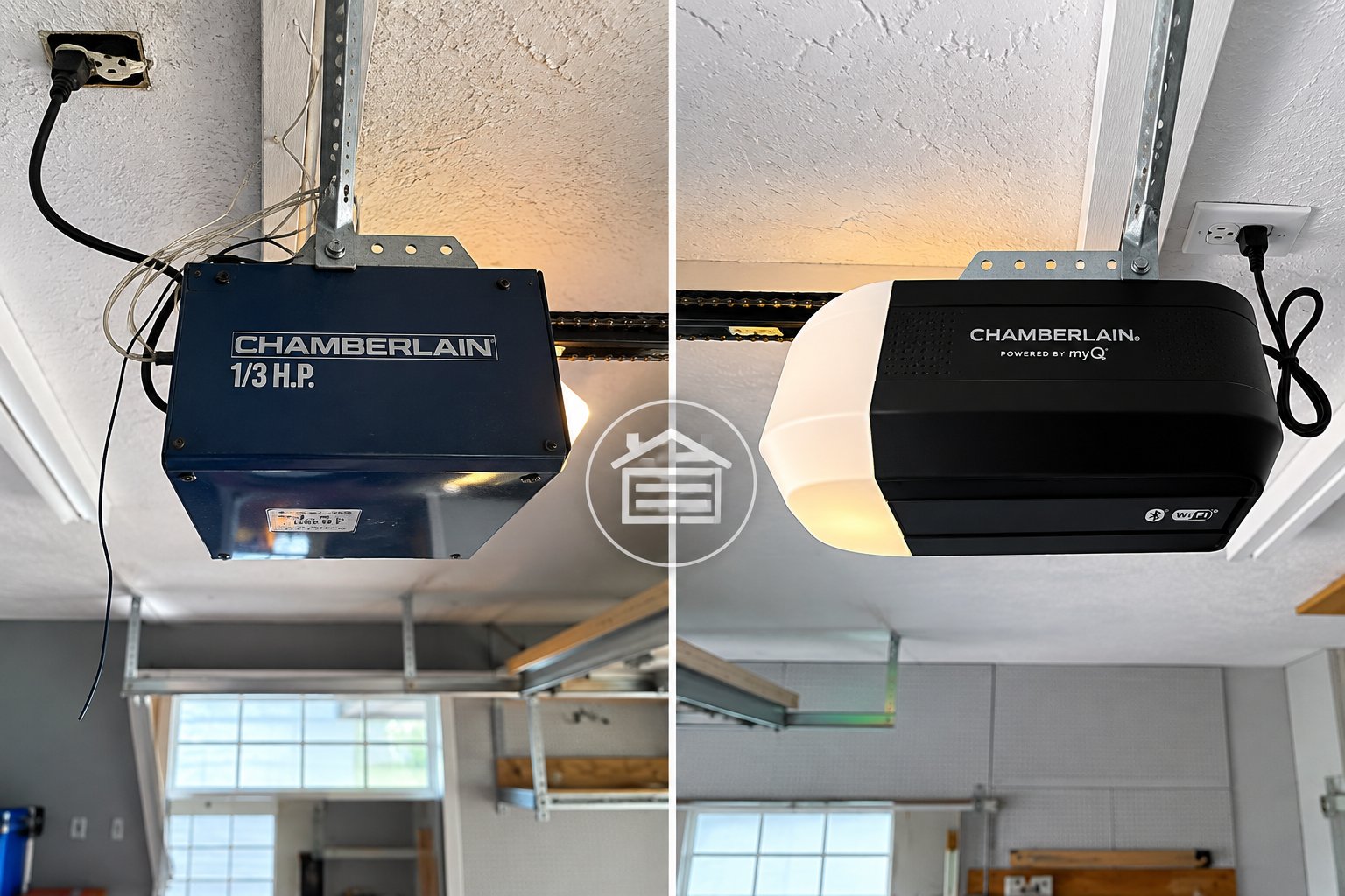 Before and after Chamberlain garage door opener upgrade
