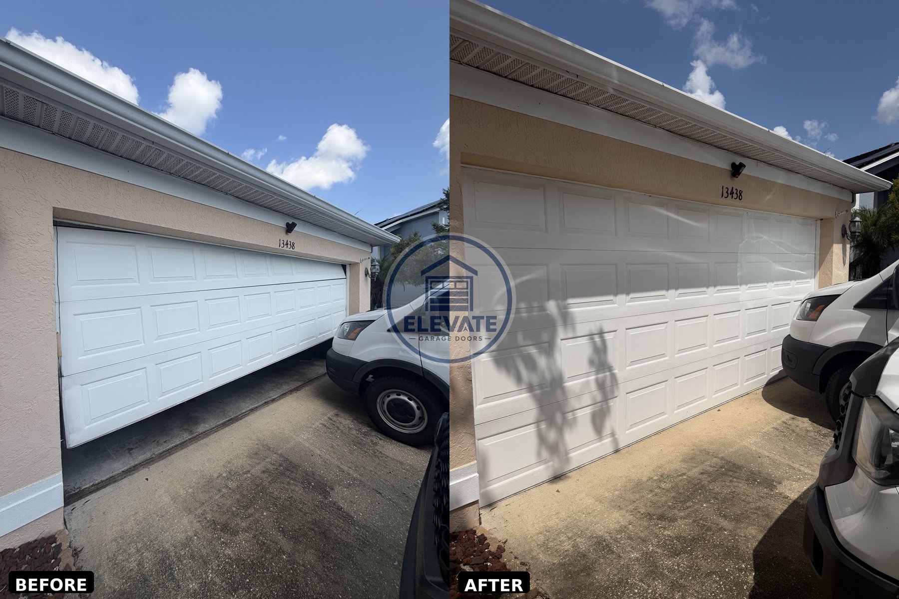 Before and after full white raised panel garage door replacement
