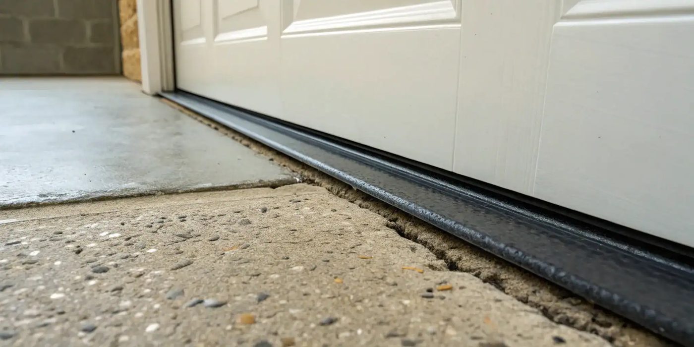 Bottom weather seal compressed against a garage floor slab