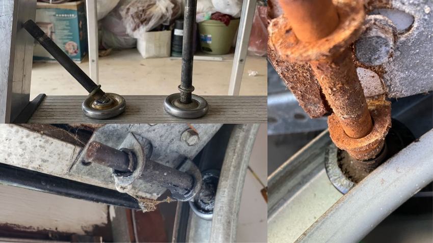 Rusted garage door hinges and bearing hardware
