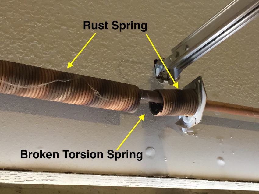 Rusted and broken garage door torsion spring
