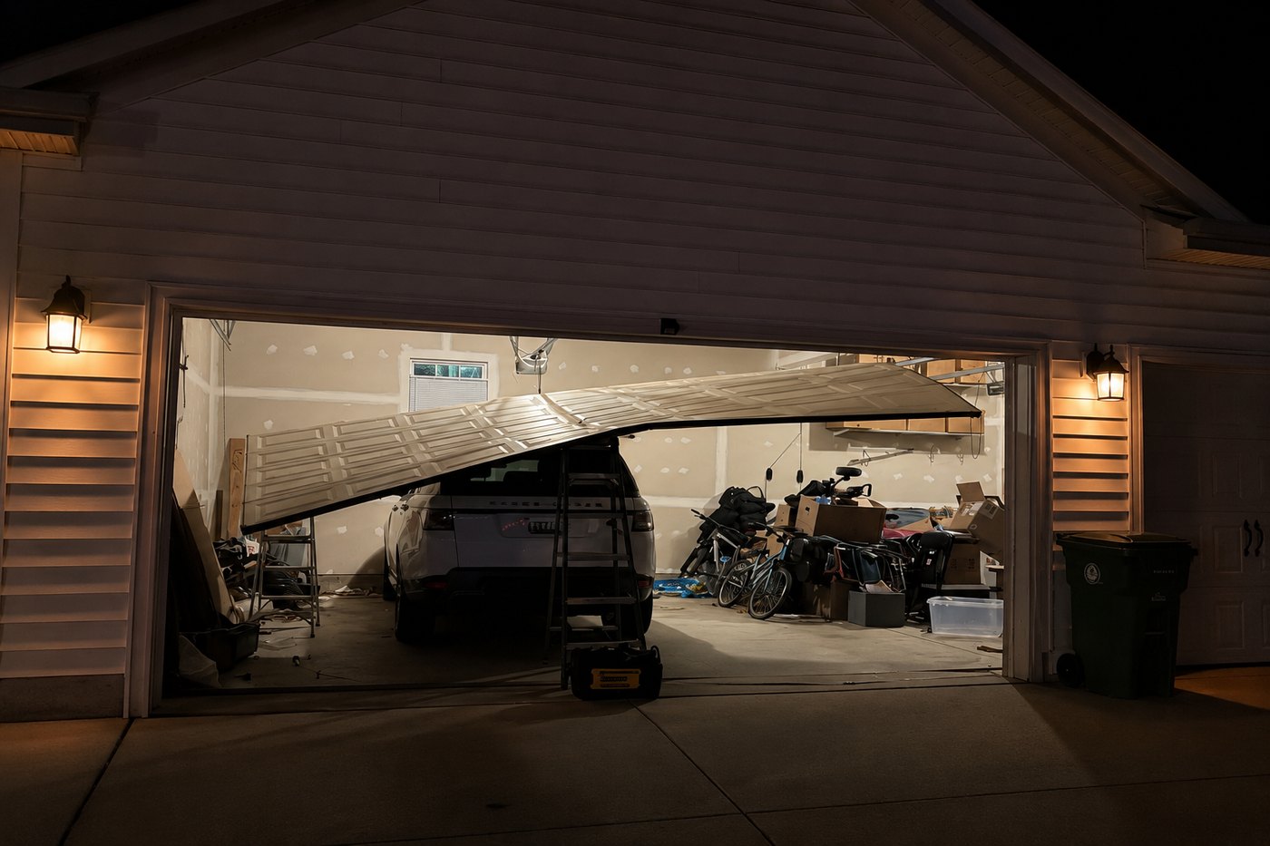 Severely bent off-track garage door in Tampa Bay